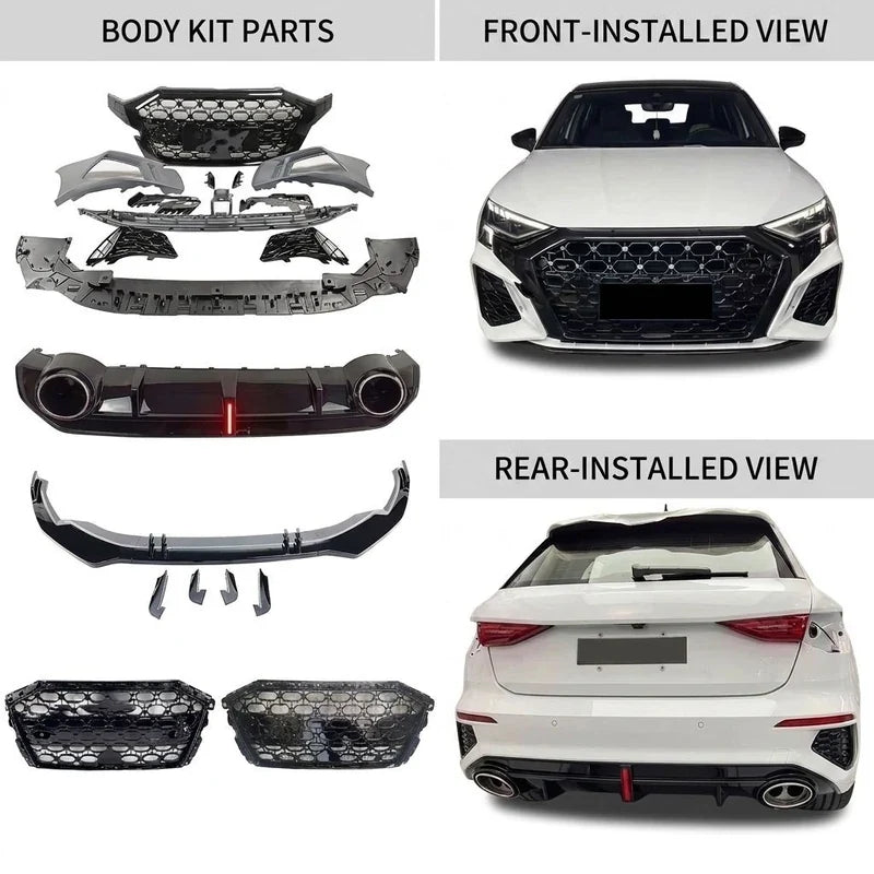 2020-2024 Audi A3/S3 8Y RS3 style body kit parts plus front and rear installed view with honeycomb grille and diffuser
