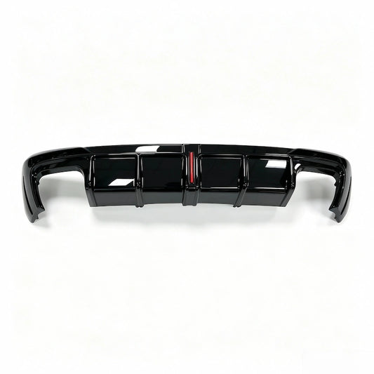 2020-2024 Audi A4 Sline Rear Diffuser with LED in gloss black finish installed on car rear bumper, showing bright LED brake light illumination and aggressive RS4-style diffuser fins.