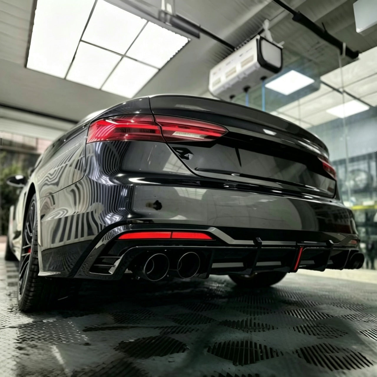 2020-2024 For Audi A5 S-Line S5 Rear Diffuser | Gloss Black & Carbon Look w/ LED & Quad Tipss