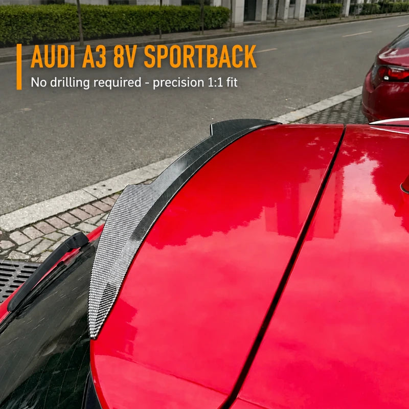 No Drilling Required - Audi A3 8V Sportback Rear Roof Spoiler Carbon Fiber Installed on a Red 2014-2020 A3 Hatchback