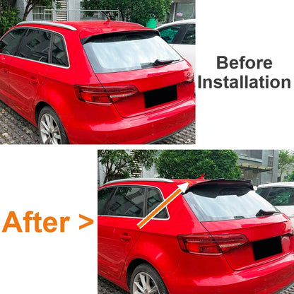 Before and After - Audi A3 8V Sportback Rear Roof Spoiler Installation on a Red 2014-2020 A3 Hatchback, Bare Roof Compared With the Fitted Spoiler