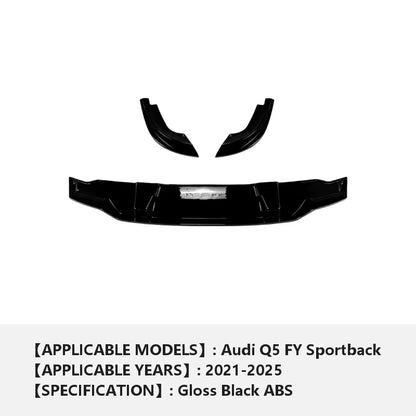 2021-2025 Audi Q5 FY Sportback S-Line rear diffuser on a white background with a grey specification bar listing applicable models, years and gloss black finish