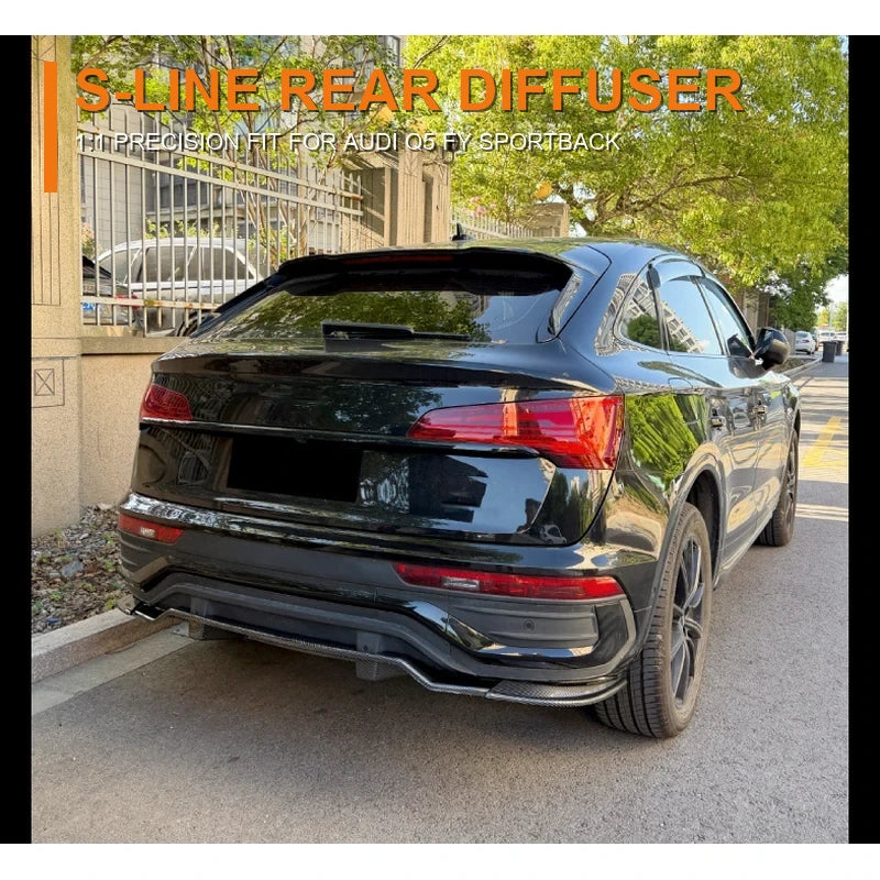 2021-2025 Audi Q5 FY Sportback S-Line with the rear diffuser fitted, rear three-quarter view carrying an S-Line rear diffuser marketing headline