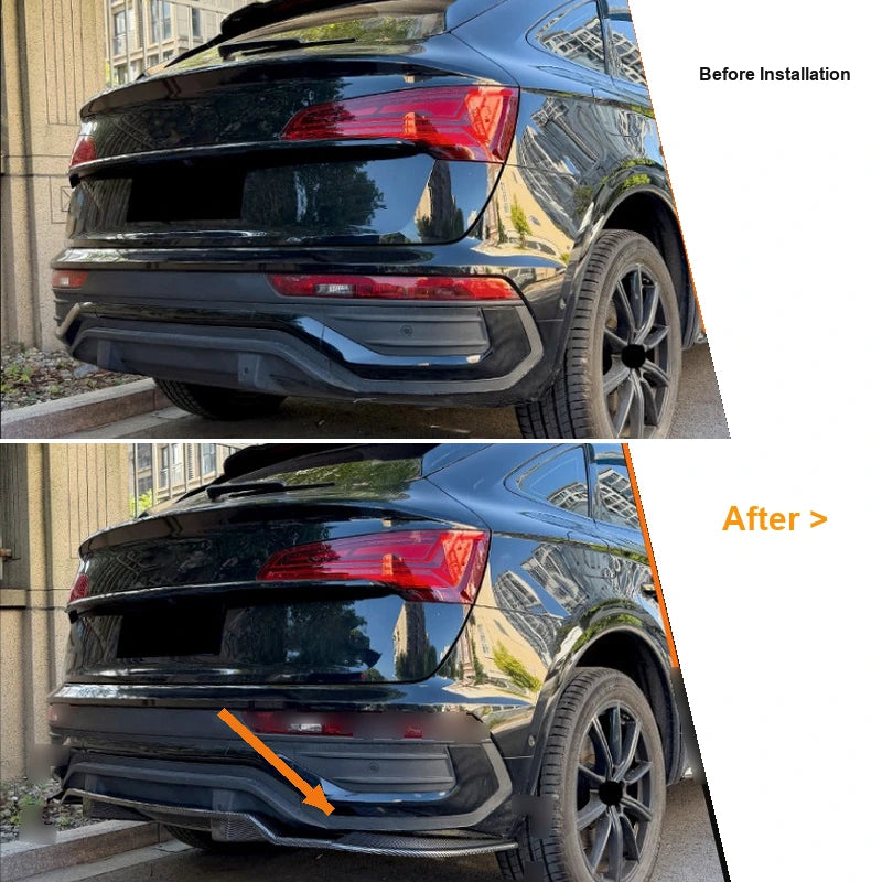 Before and after comparison of a 2021-2025 Audi Q5 FY Sportback S-Line gaining the S-Line style rear diffuser, with an orange arrow marking the part