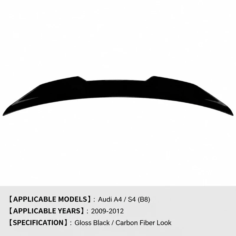 2009-2012 Audi A4 S4 B8 gloss black trunk lip spoiler on white with an English specification bar listing applicable models, years and surface finish