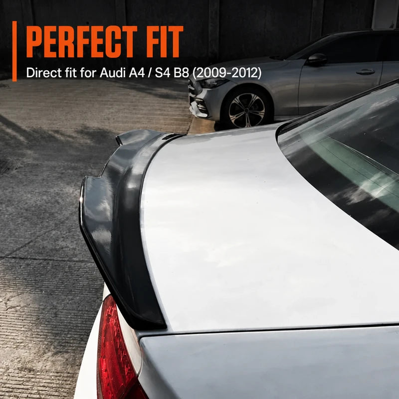 Installed gloss black trunk lip spoiler on a white 2009-2012 Audi A4 with the English PERFECT FIT marketing headline and a direct-fit selling line