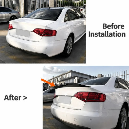 Before and after comparison of a white Audi A4 showing the plain trunk before installation and the installed gloss black PSM Style trunk lip spoiler after