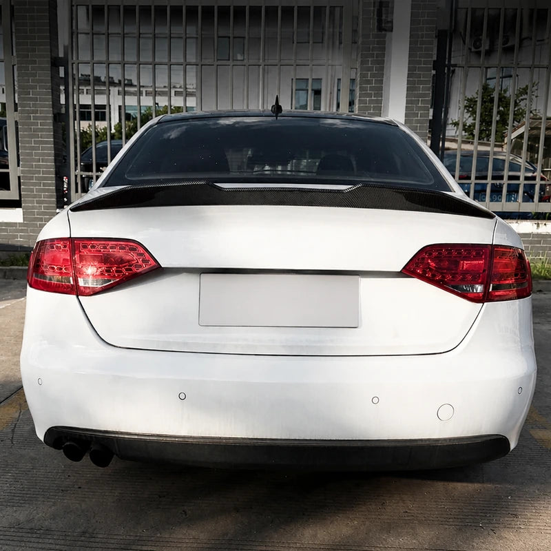 2009-2012 Audi A4 with the gloss black PSM Style trunk lip spoiler installed, clean rear view of the finished trunk