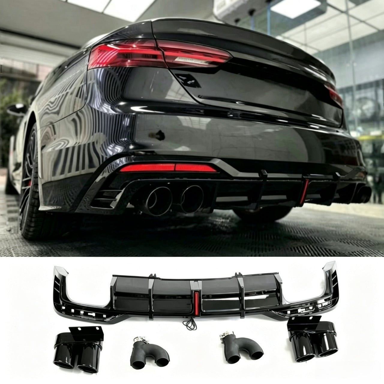2020-2024 For Audi A5 S-Line S5 Rear Diffuser | Gloss Black & Carbon Look w/ LED & Quad Tipss