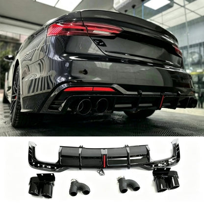 2020-2024 For Audi A5 S-Line S5 Rear Diffuser | Gloss Black & Carbon Look w/ LED & Quad Tipss
