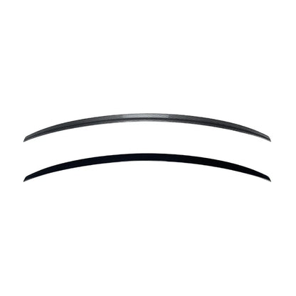 Audi A5 F5 Coupe S5 style trunk lip spoiler shown in gloss black and carbon fiber look on a pure white background.