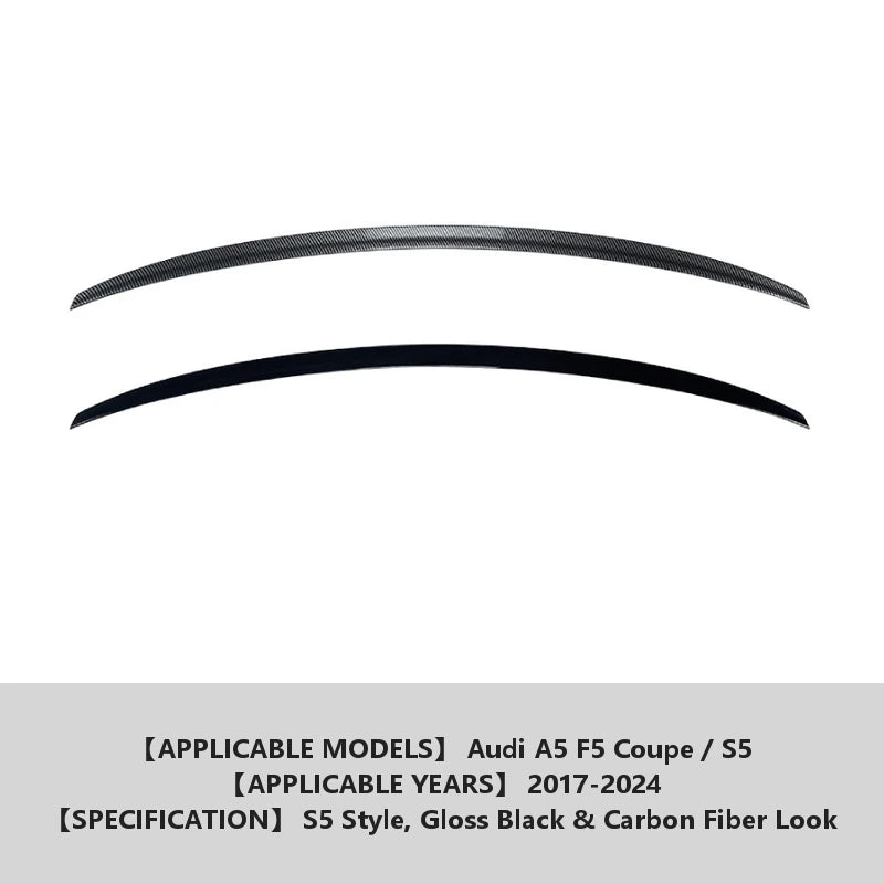 Audi A5 F5 Coupe trunk spoiler specification panel listing the applicable models, model years and the S5 style finish options.