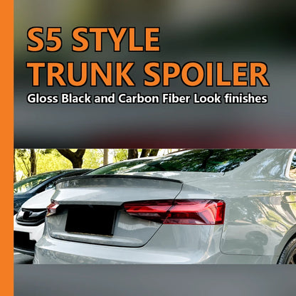 Installed Audi A5 F5 Coupe trunk lip spoiler photographed from the rear with the S5 style rear profile highlighted.