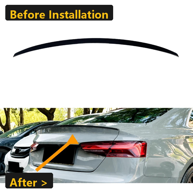 Before and after comparison of the Audi A5 F5 Coupe rear with and without the S5 style trunk lip spoiler fitted.