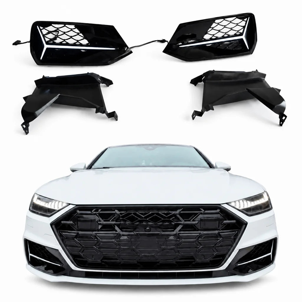 Audi A7 C8 Front Bumper Grille and Fog Light Frame Kit - Complete Set Layout