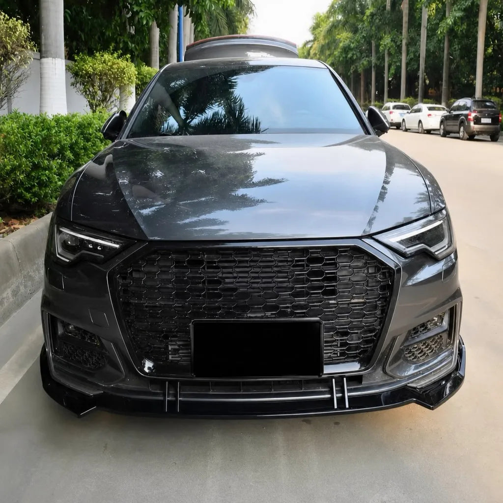 Audi A6 C8 S Line Gloss Black Front Lip Installed - Angle View