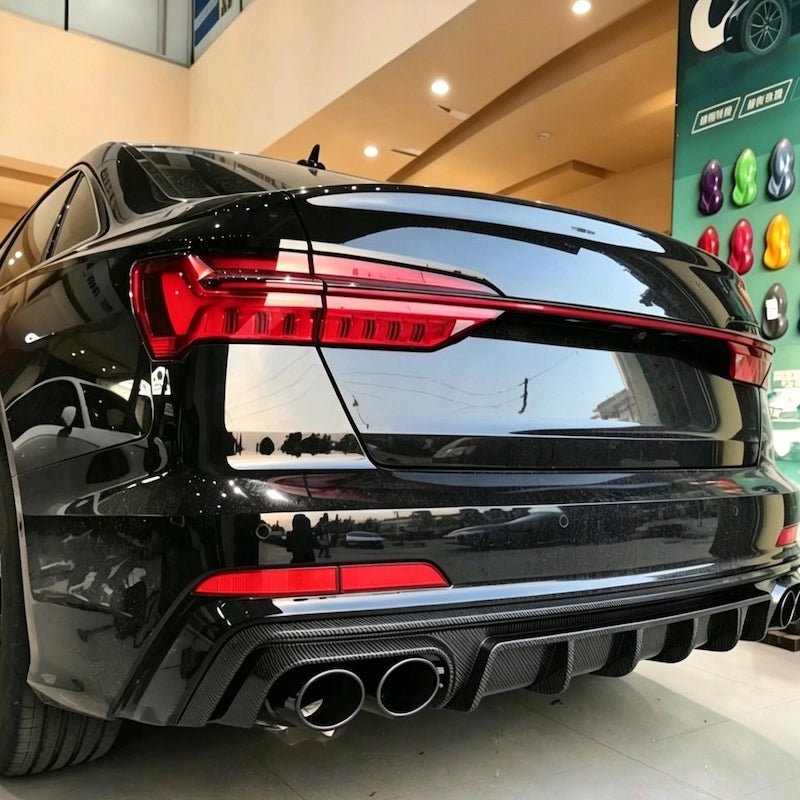 2019-2025 For Audi A6 C8 S-Line Blade-Style Rear Diffuser-Gloss Black & Carbon Look