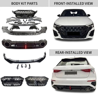 2020-2024 Audi A3/S3 8Y RS3 style body kit parts plus front and rear installed view with honeycomb grille and diffuser