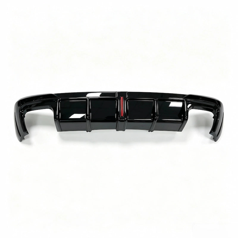 2020-2024 Audi A4 Sline Rear Diffuser with LED in gloss black finish installed on car rear bumper, showing bright LED brake light illumination and aggressive RS4-style diffuser fins.