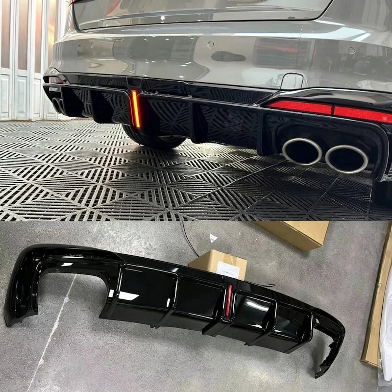 After installation comparison of Rear Diffuser with LED on 2020 Audi A4 Sline, showing stock bumper valance vs upgraded gloss black diffuser with integrated lighting.