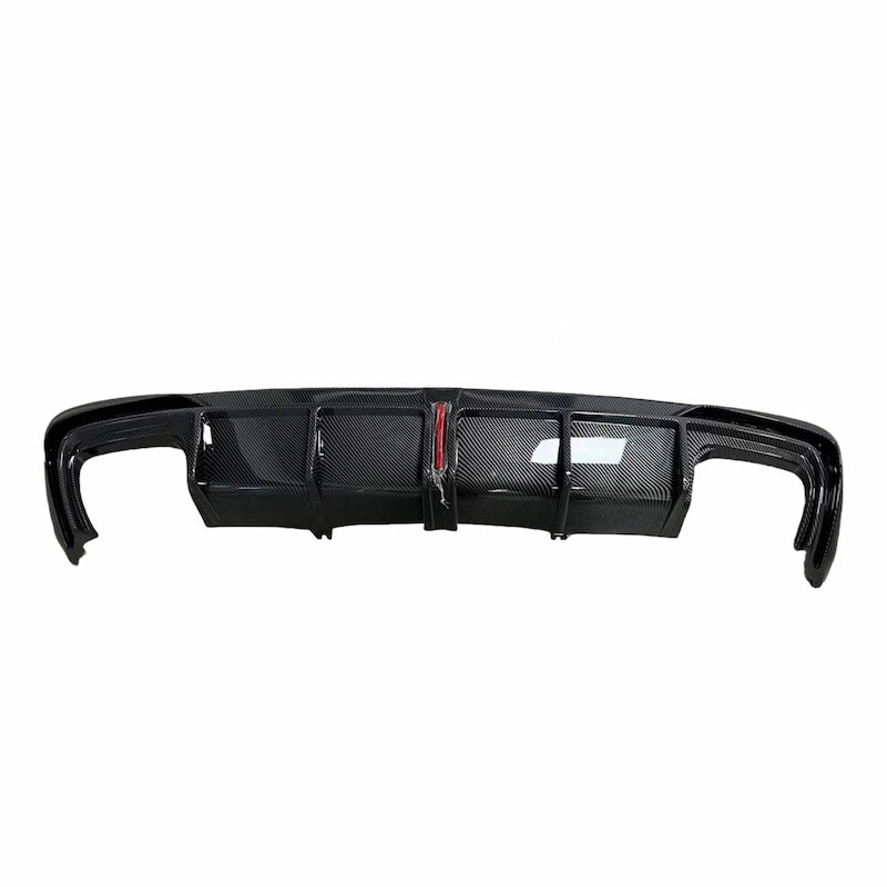 Close-up of Carbon Fiber Rear Diffuser for 2020-2024 Audi S4 Sline, highlighting 2x2 twill weave pattern, UV-resistant clear coat, and precision-fit mounting edge.