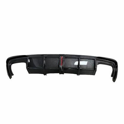 Close-up of Carbon Fiber Rear Diffuser for 2020-2024 Audi S4 Sline, highlighting 2x2 twill weave pattern, UV-resistant clear coat, and precision-fit mounting edge.