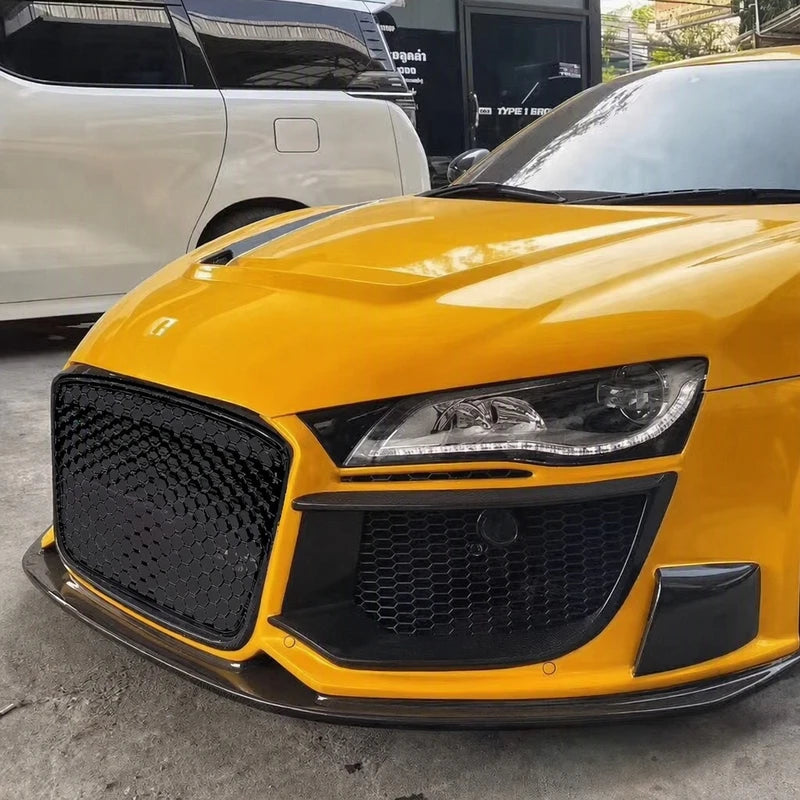 Glossy Black Honeycomb Grille Installed on Audi R8 MK1 - Yellow Exterior