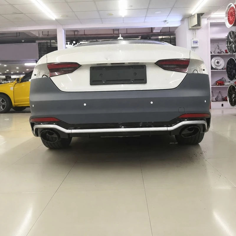 Audi A5 B9 RS5 Style Rear Bumper Diffuser Installed - White Showroom View