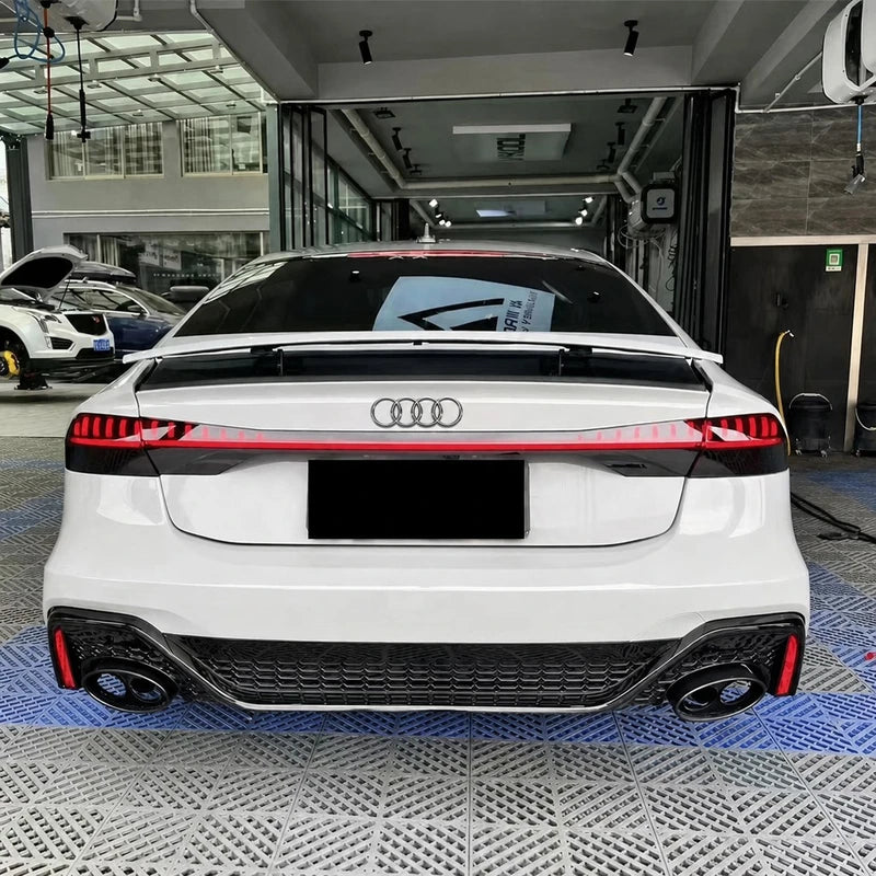 Audi A7 C8 RS7 Style Rear Bumper Diffuser Installed - White Garage View